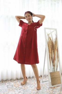 Lolita Dress Hamil Menyusui Full Kancing Ribbon - DRO 989 Merah